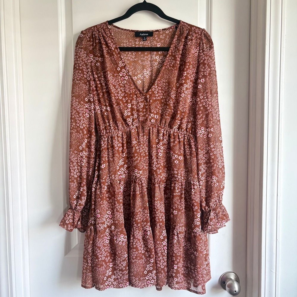 Aakaa Womens Rust Brown Pink Floral V-Neck Tiered Mini Babydoll Dress Size S